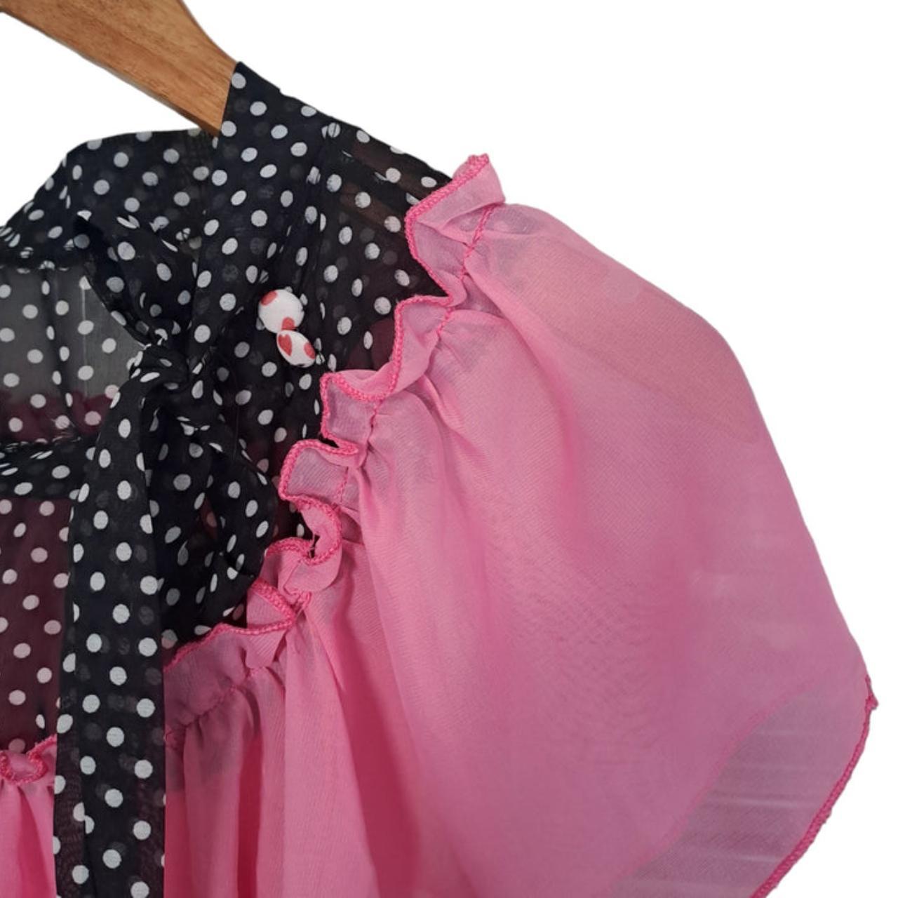 Blouse | Women's Chic Size 10 Pink & Black Polka Dot Ruffle Neck Top