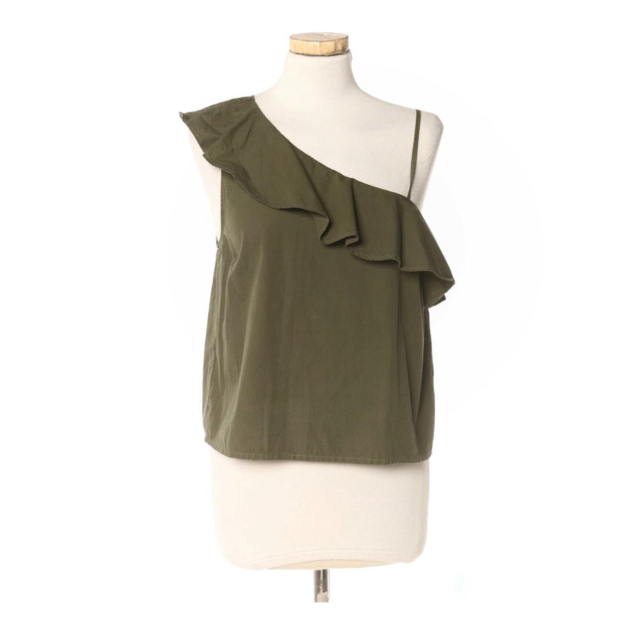 Crop Top | Women XS Size 8 Olive Green One Shoulder Ruffled Sleeveless Blouse