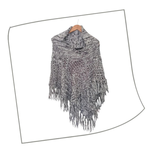 Shawl | Women Small Cozy Cowl Neck Sweater Poncho with Tassels