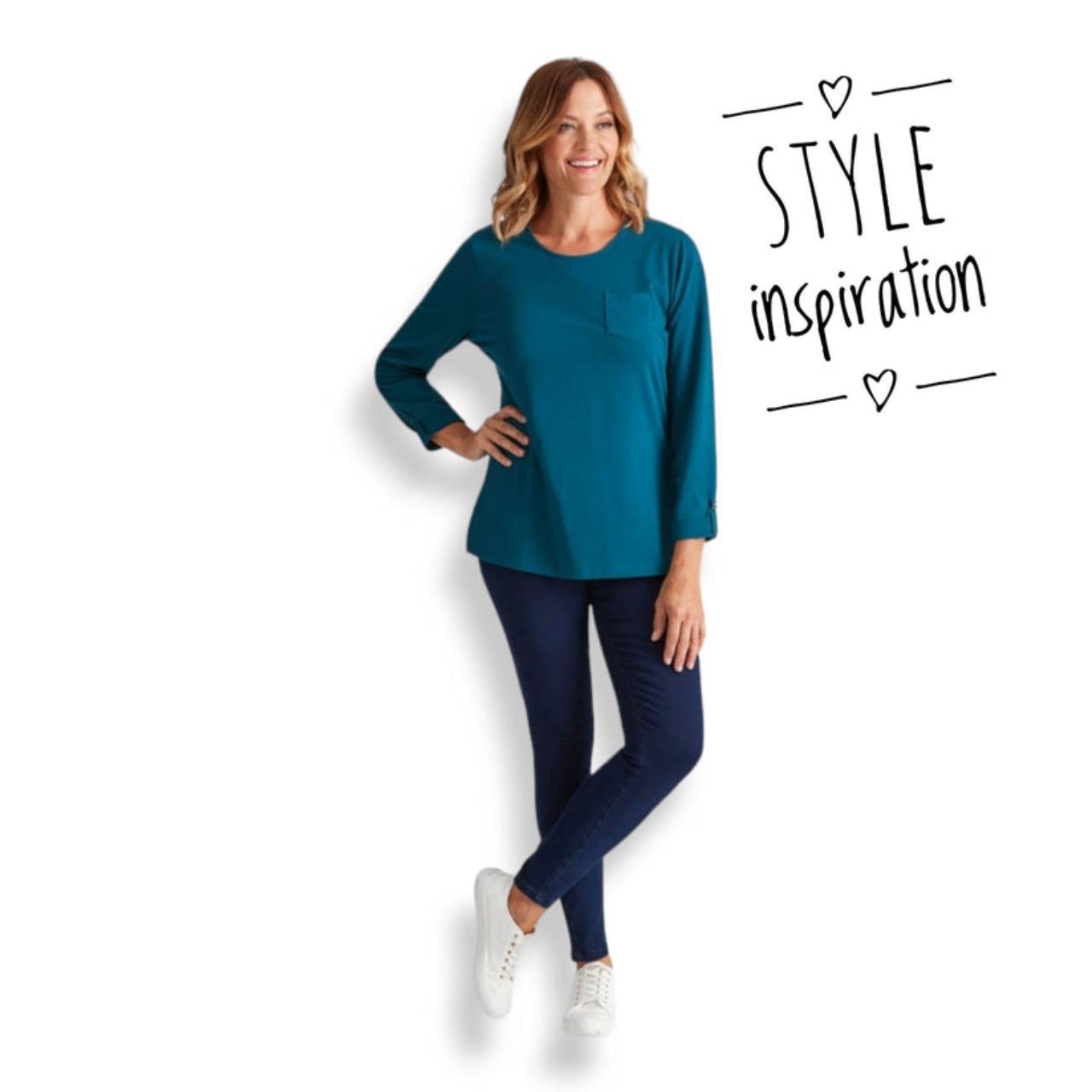 Blouse | Women UK12 Green Three-Quarter Sleeve Top with Pocket Detail