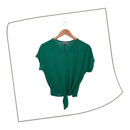 Crop Top | Women Small UK10 Green Top With Tie Knot