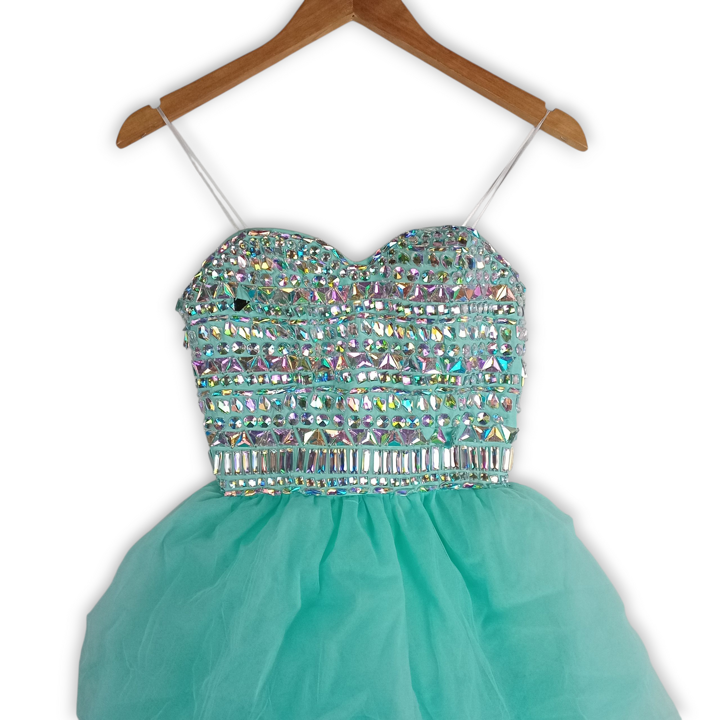 Dress | Women XS Elegant Beaded Strapless Turquoise Sweetheart Ball Gown with Tiered Tulle Skirt