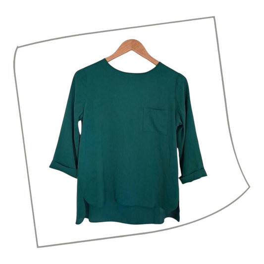 Blouse | Women UK12 Green Three-Quarter Sleeve Top with Pocket Detail