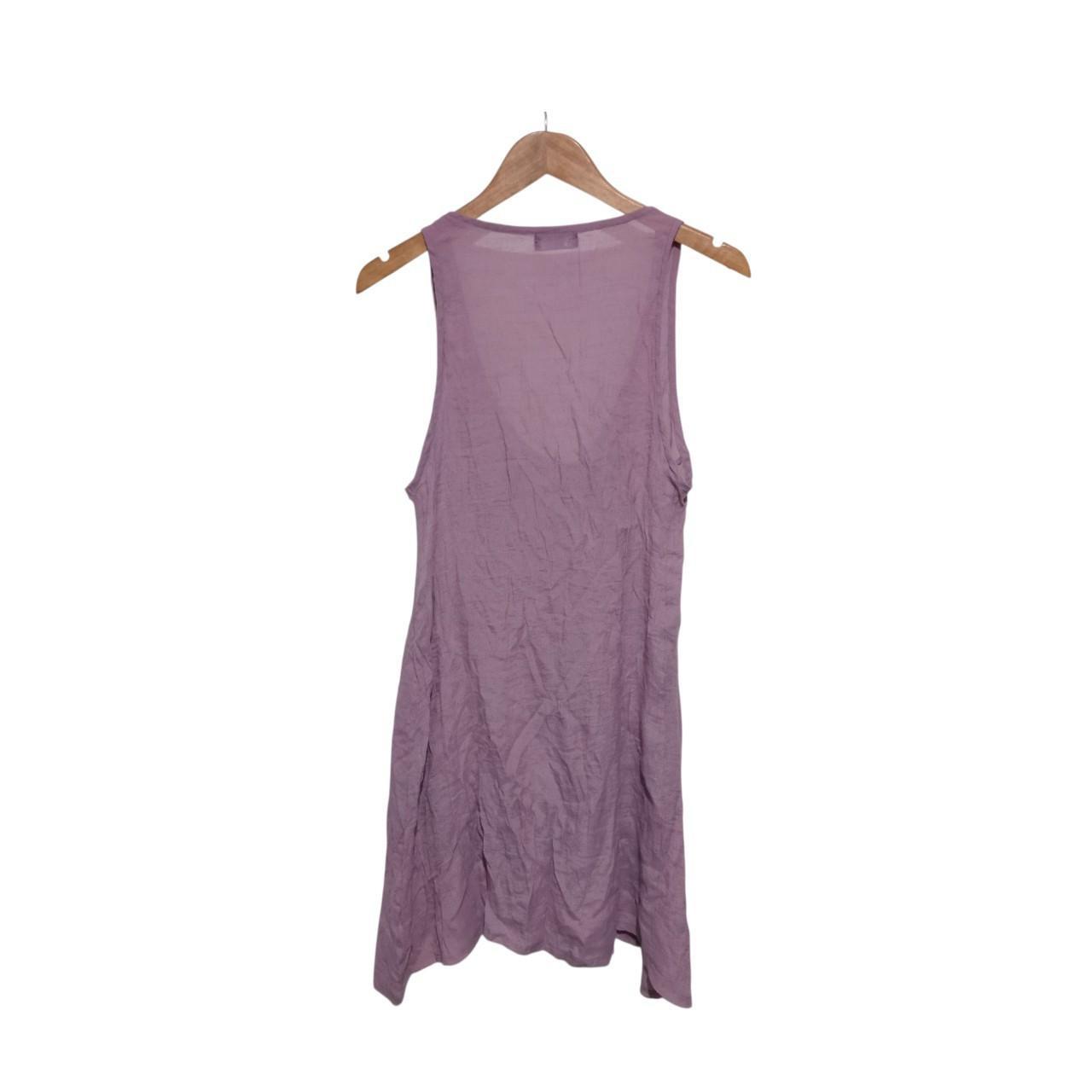 Tank Top | Women Medium Faded Purple Long Sleeveless Tunic Top with Fabric Floral Detail