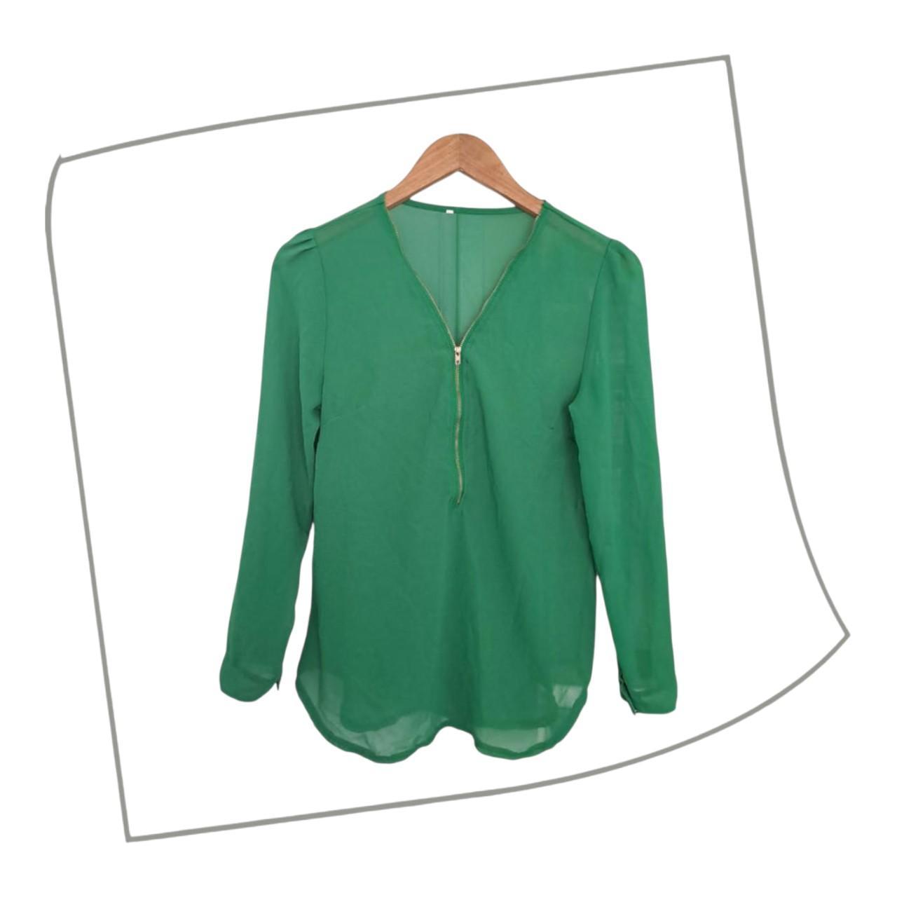 Blouse | Women Size 10 Green Long Sleeve Zipper V-Neck Blouse