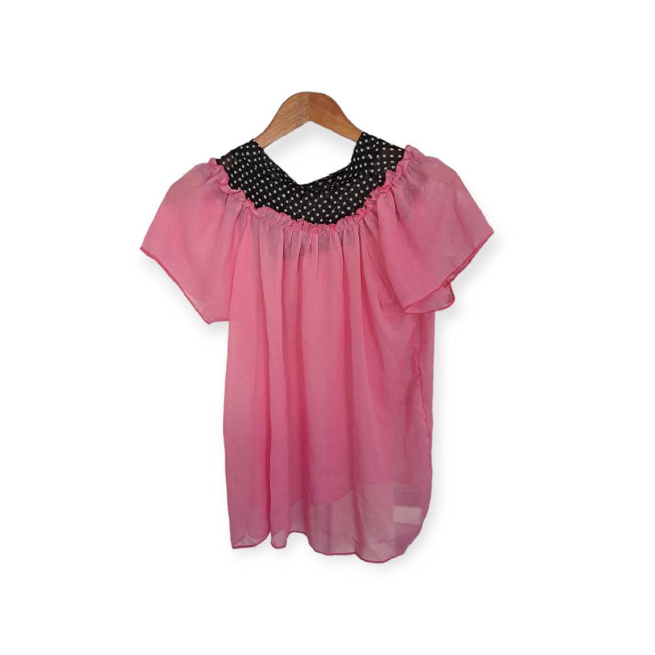 Blouse | Women's Chic Size 10 Pink & Black Polka Dot Ruffle Neck Top