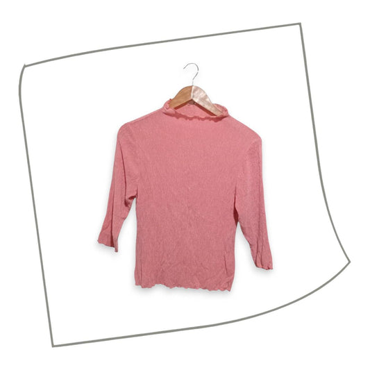 Blouse | Women UK6 Pink Ruffle Mock Neck 3/4 Sleeve Top