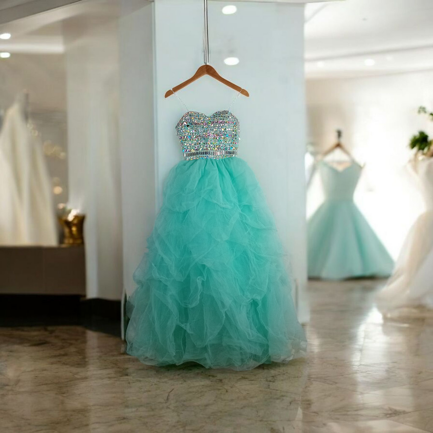 Dress | Women XS Elegant Beaded Strapless Turquoise Sweetheart Ball Gown with Tiered Tulle Skirt