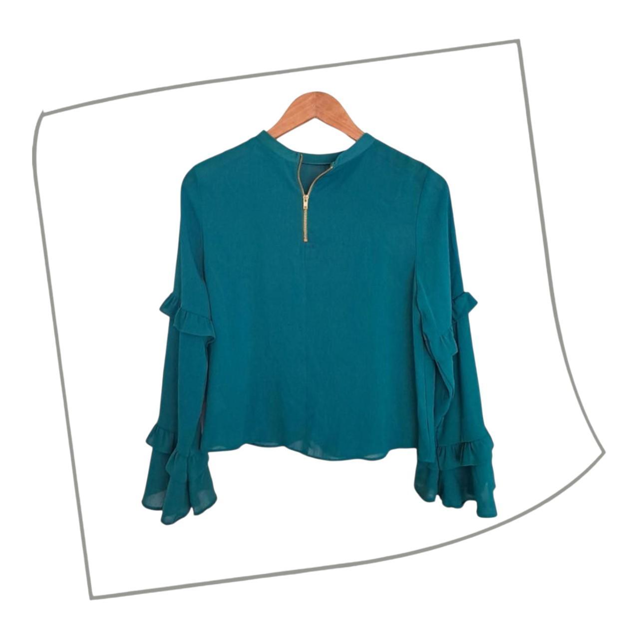 Blouse | Women UK12 Elegant Teal Ruffled Sleeve Top with Zipper Detail