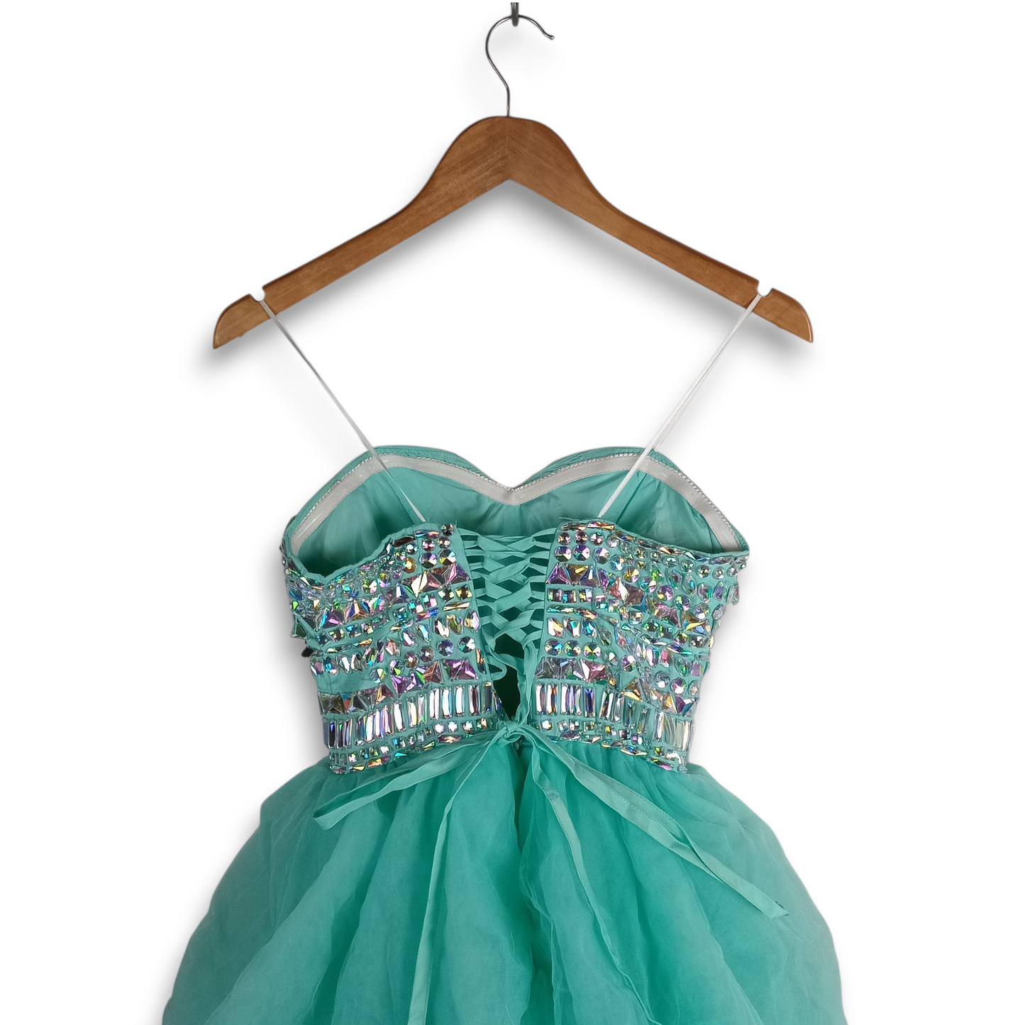 Dress | Women XS Elegant Beaded Strapless Turquoise Sweetheart Ball Gown with Tiered Tulle Skirt