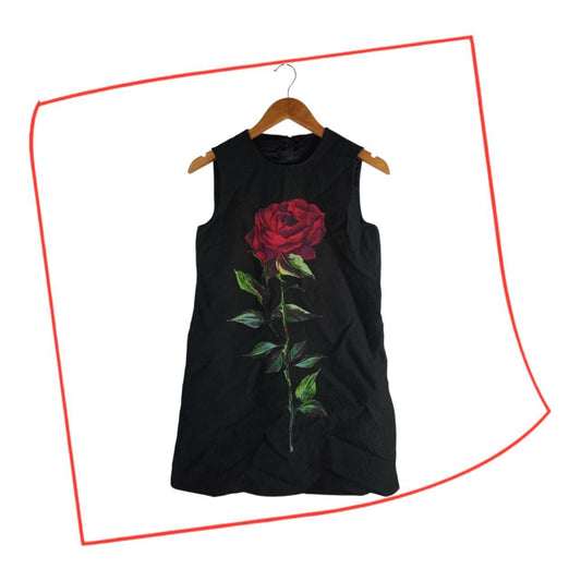 Dress | Women UK 12-14 Black Sleeveless Mini with Red Rose sewn in front