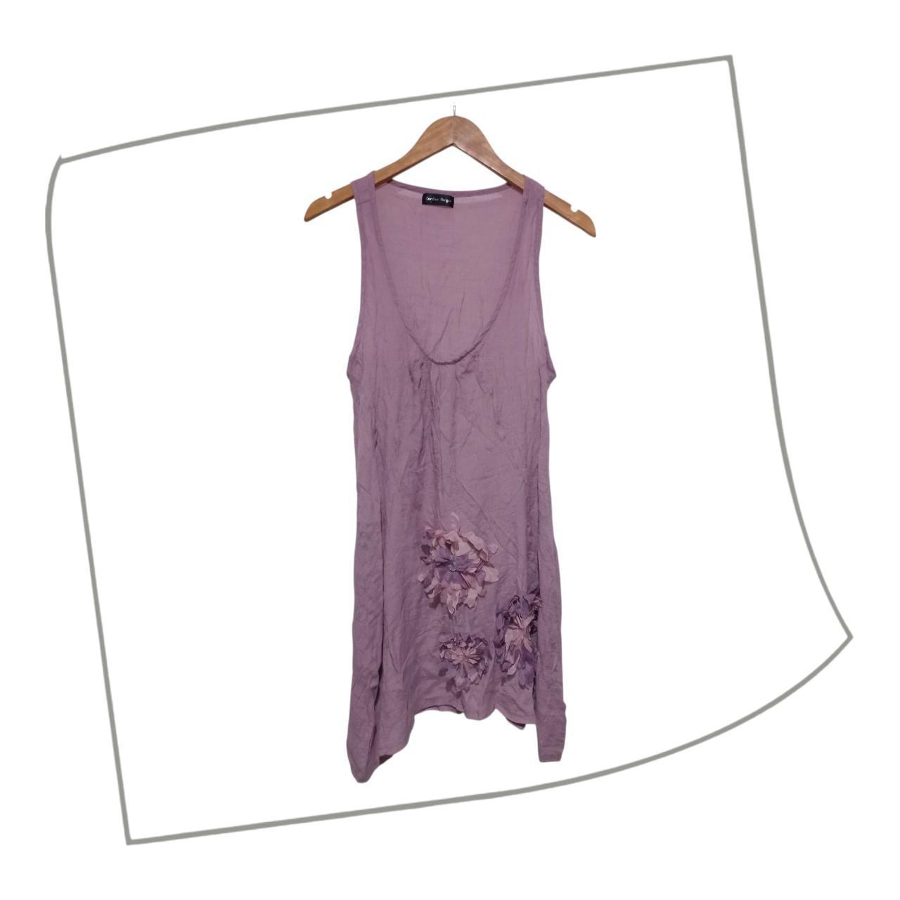 Tank Top | Women Medium Faded Purple Long Sleeveless Tunic Top with Fabric Floral Detail
