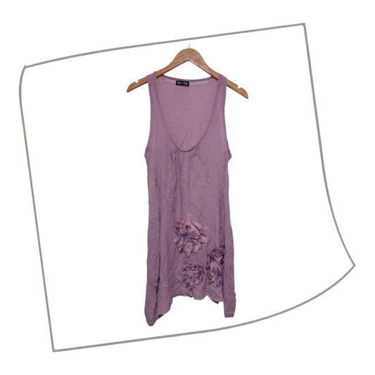 Tank Top | Women Medium Faded Purple Long Sleeveless Tunic Top with Fabric Floral Detail
