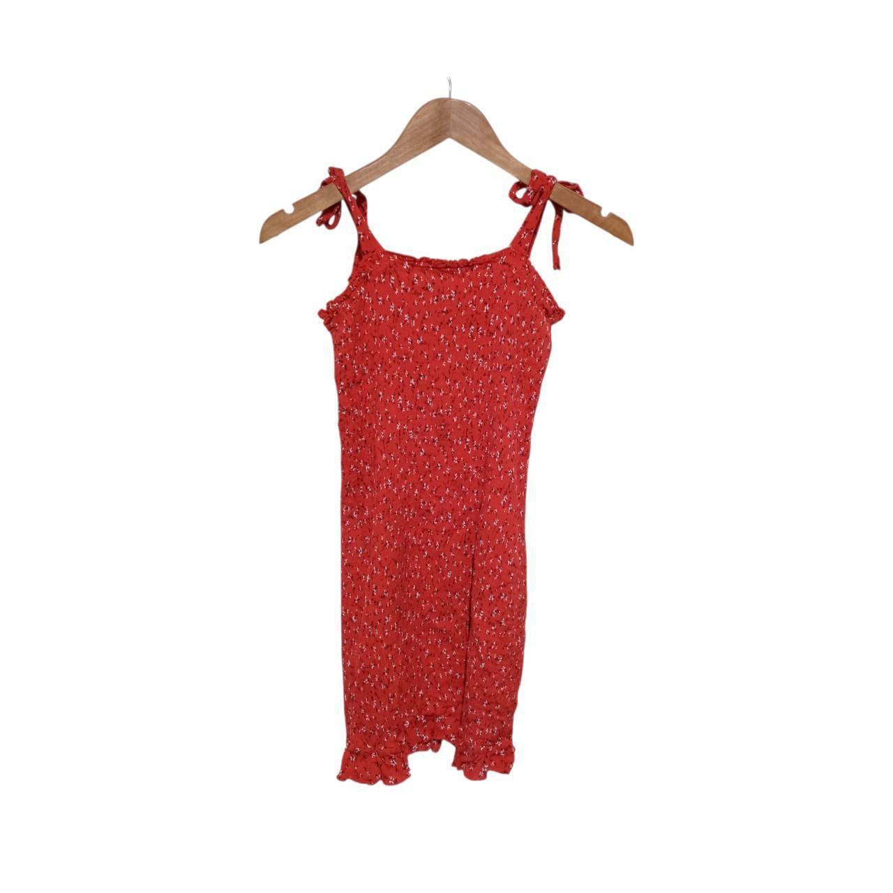 Crop Top | Women Medium Red Floral Crop Tie Strap Top Stretchy Rayon