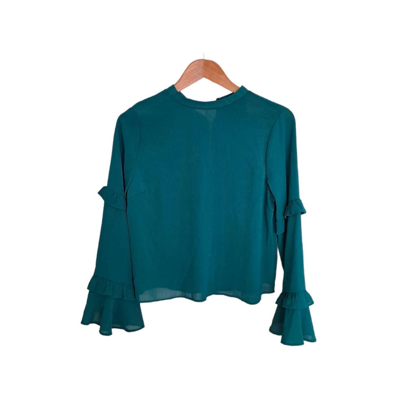 Blouse | Women UK12 Elegant Teal Ruffled Sleeve Top with Zipper Detail