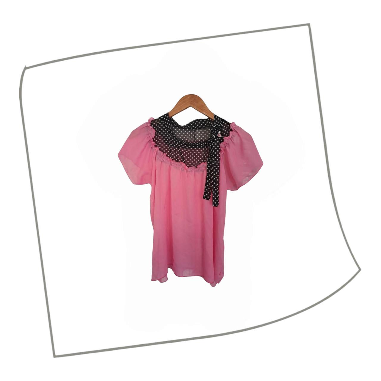 Blouse | Women's Chic Size 10 Pink & Black Polka Dot Ruffle Neck Top