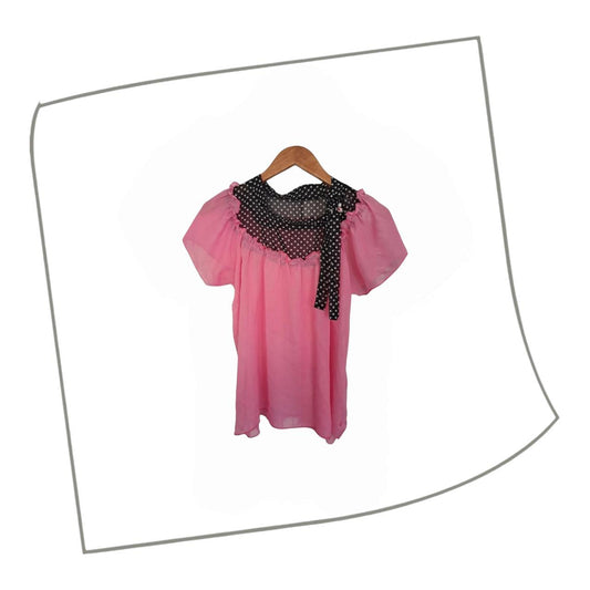 Blouse | Women's Chic Size 10 Pink & Black Polka Dot Ruffle Neck Top